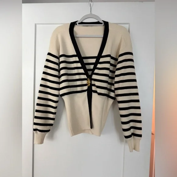 Commense Contrast Striped Metal-Button Knit Black and White Striped Cardigan - Picture 6 of 8